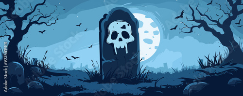 Tombstone with a spooky face. Vector flat isolated.