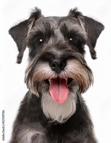 笑顔のミニチュアシュナウザーのポートレート（Portrait of a smiling Miniature Schnauzer puppy on white background） 