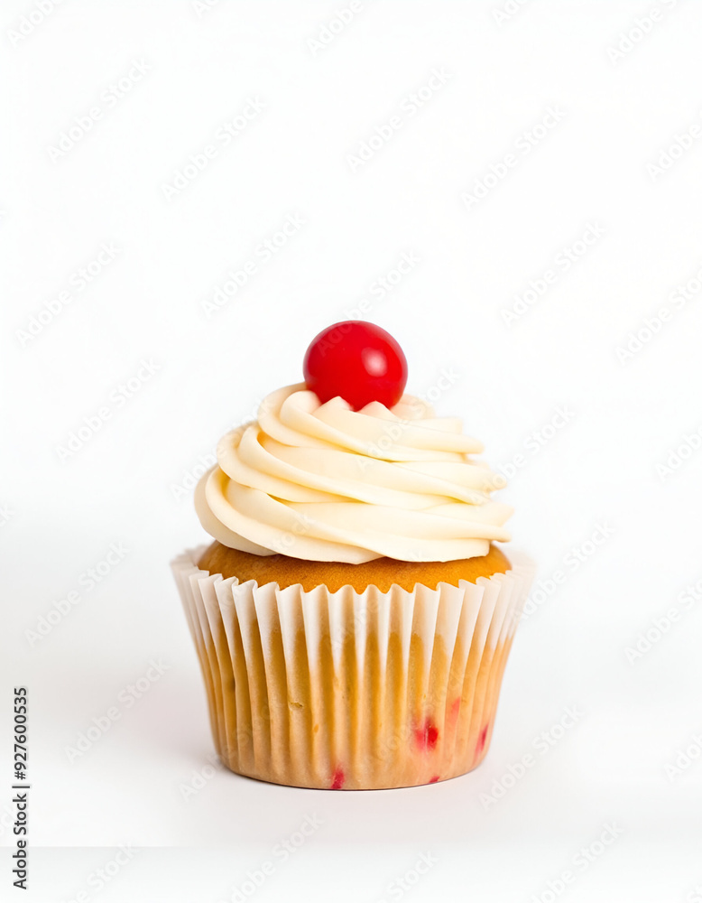 Colorful cupcakes with frosting and cherries on top, set against a white background Colorful cupcakes with frosting and cherries on top, set against a white background