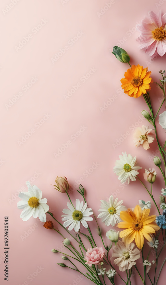 Obraz premium Spring flowers on a pastel colored paper texture background with copy space