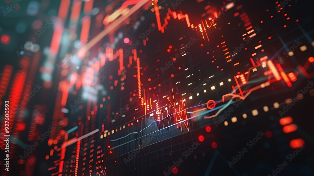 Obraz premium Abstract red and orange lights on a dark background with a grid pattern.