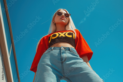 Low angle photo of a blond girl staying against blue sky, urban teenage style