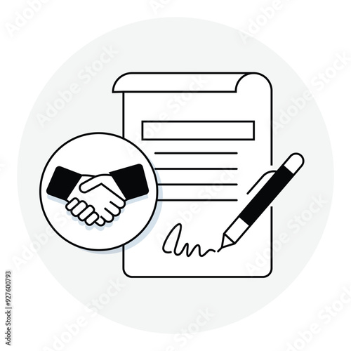 A business-focused illustration depicting contract signing, highlighting partnership agreements, official documentation, and the importance of formalizing business deals.