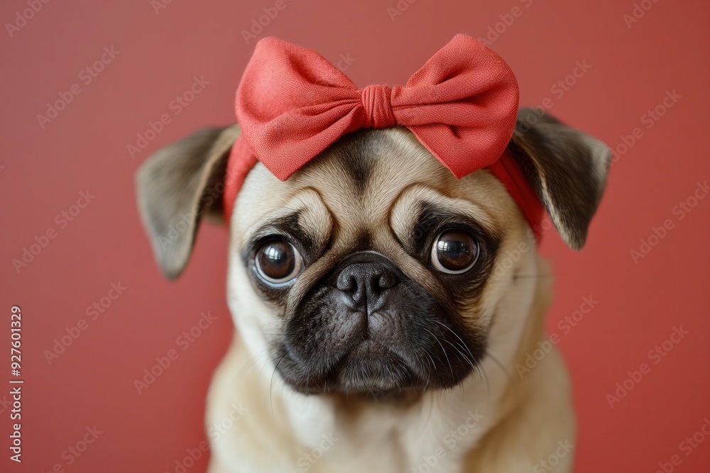 Cute girl pug dog with a red bow on her head, animal portrait photo