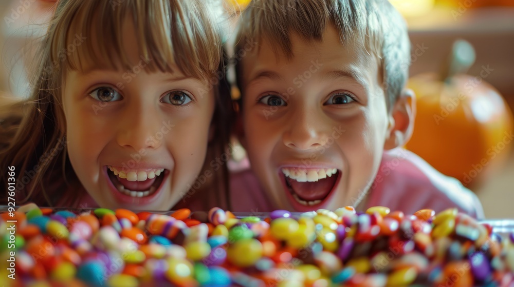 A joyful moment of children enjoying their Halloween candy haul. A joyful moment of children enjoying their Halloween candy haul.