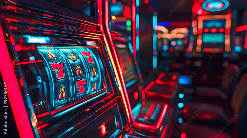 A dynamic and vibrant image of a modern slot machine, featuring bright red sevens prominently displayed on spinning reels.