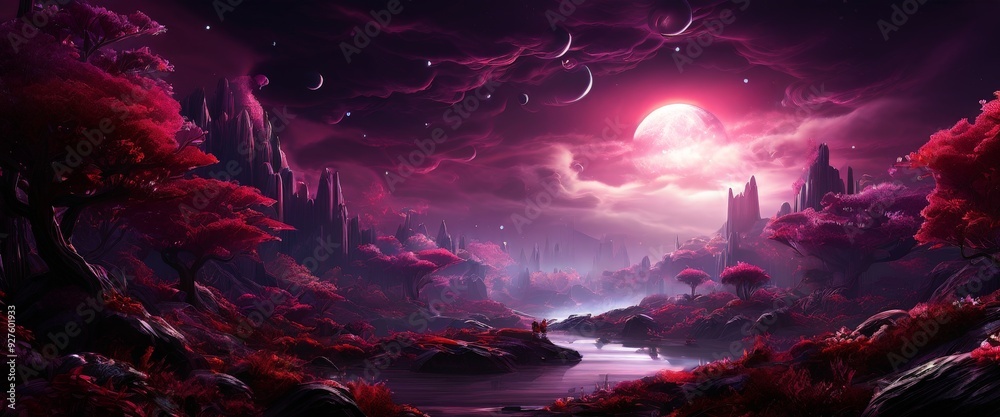 Fototapeta premium dark forest with bright red moon in the background