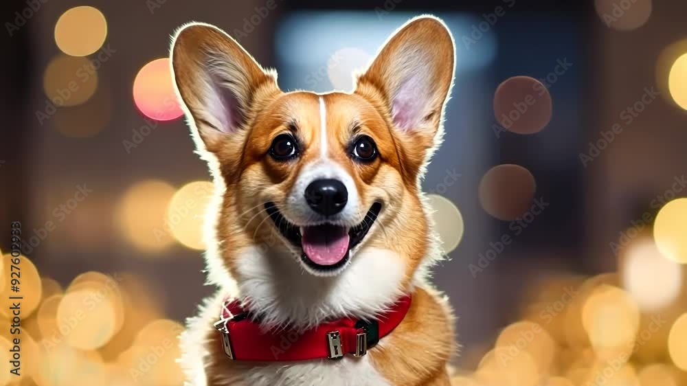 Christmas corgi dog on festive christmas light bokeh street background 