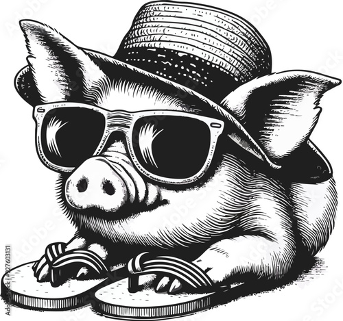 Engraving of a pig ready to go out in the sun with flip-flops, hat and sunglasses