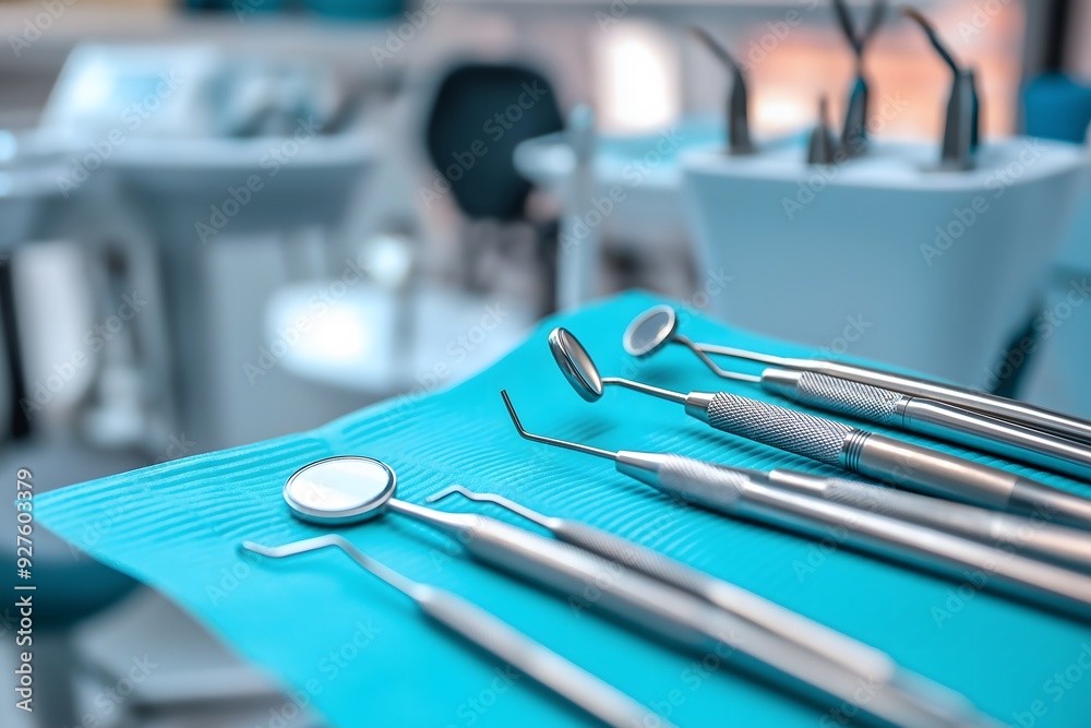 Dental Tools on Blue Tray in Clinic Setting Dental Tools on Blue Tray in Clinic Setting