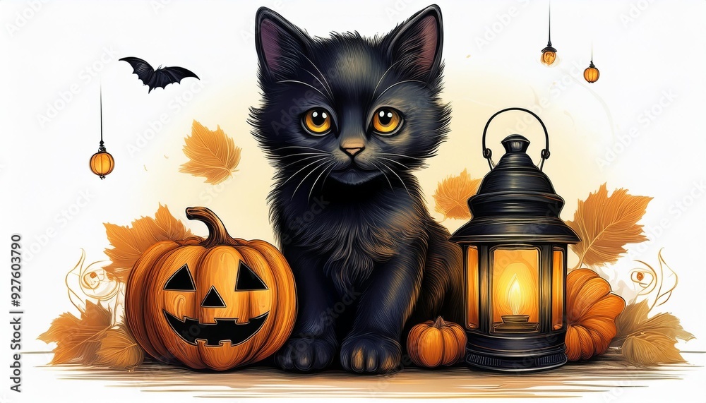 Set of cute black kitten cat with Halloween's Day elements. Isolated on white background. Can be used for Halloween's day, greeting cards and invitations. Hand drawn watercolor
