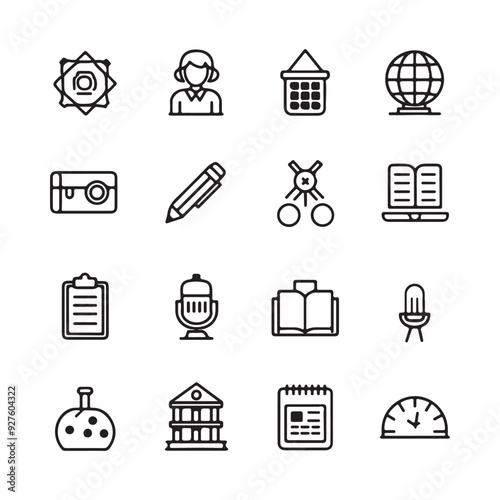 Black & white minimalist icons set for education, graduation, and learning tools, perfect for infographics and designs.