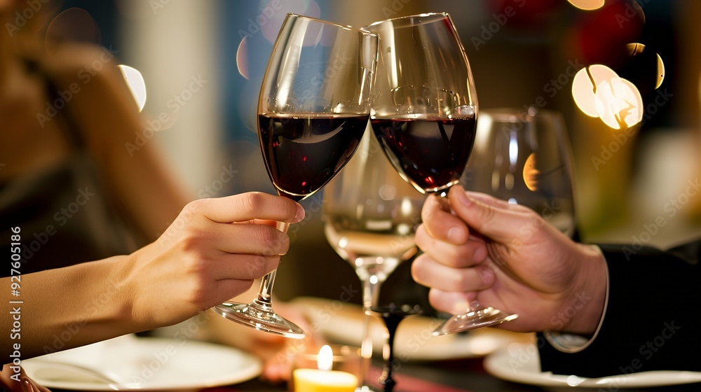 Two hands clinking glasses of red wine in a dimly lit restaurant.