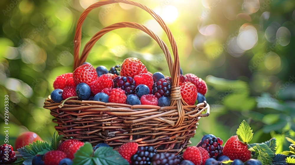 Basket Filled with Vibrant and Varied Summer Berries in Natural Sunlight Basket Filled with Vibrant and Varied Summer Berries in Natural Sunlight