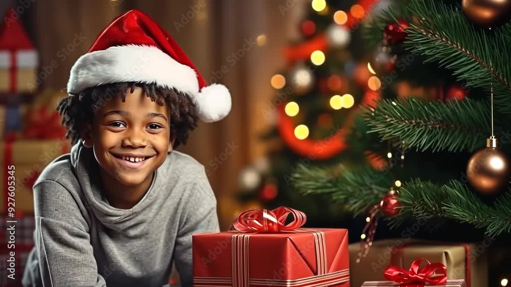 portrait Happy smiling Christmas Child with present, African American Boy smiling in Santa Claus hat with giftbox at home near Christmas tree portrait Happy smiling Christmas Child with present, African American Boy smiling in Santa Claus hat with giftbox at home near Christmas tree