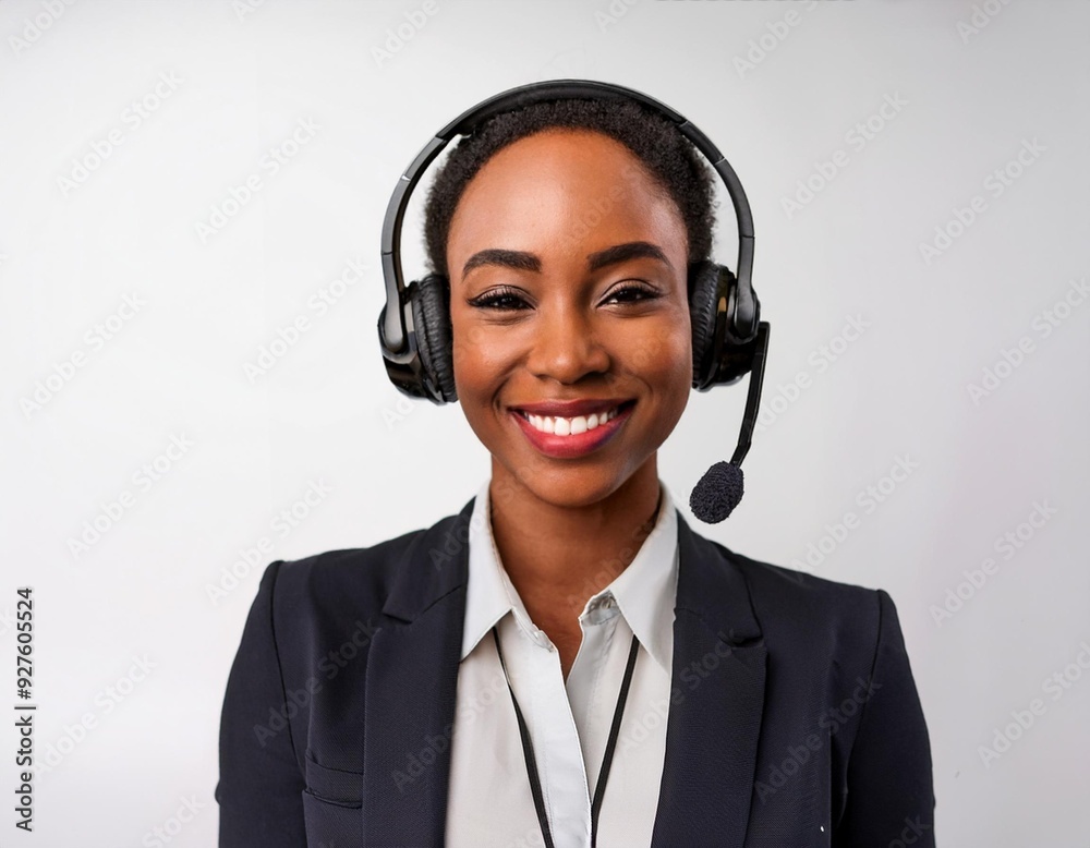 a black woman smiling wearing headphone as a customer service, against white background a black woman smiling wearing headphone as a customer service, against white background
