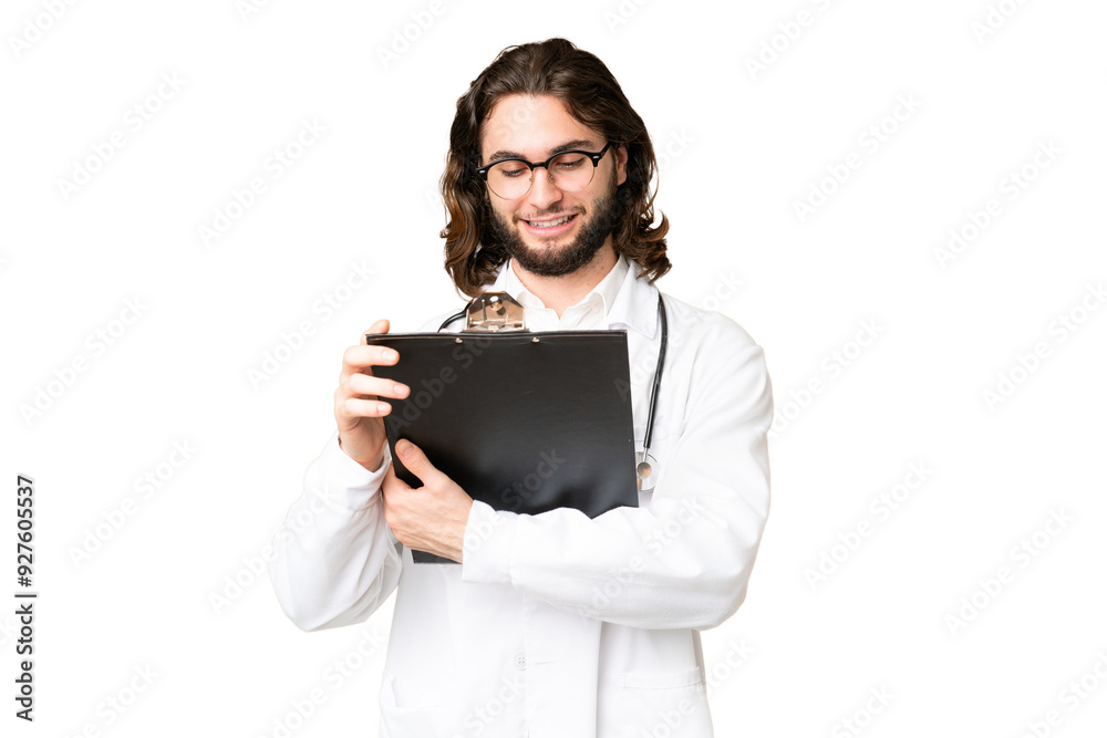 Young handsome man over isolated chroma key background wearing a doctor gown and holding a folder Young handsome man over isolated chroma key background wearing a doctor gown and holding a folder