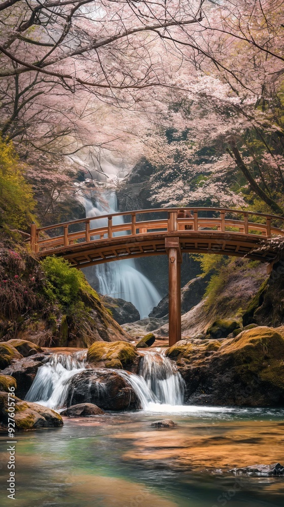 AI generator image of bridge, waterfall, cherry blossom, view, beautiful scenery AI generator image of bridge, waterfall, cherry blossom, view, beautiful scenery
