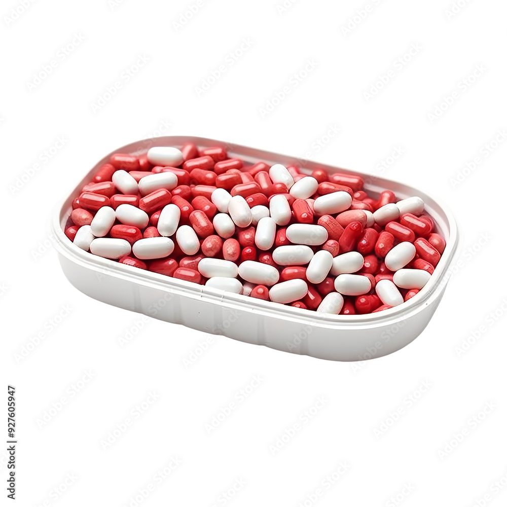 Assorted Acetaminophen Capsules in a White Container. Assorted Acetaminophen Capsules in a White Container.