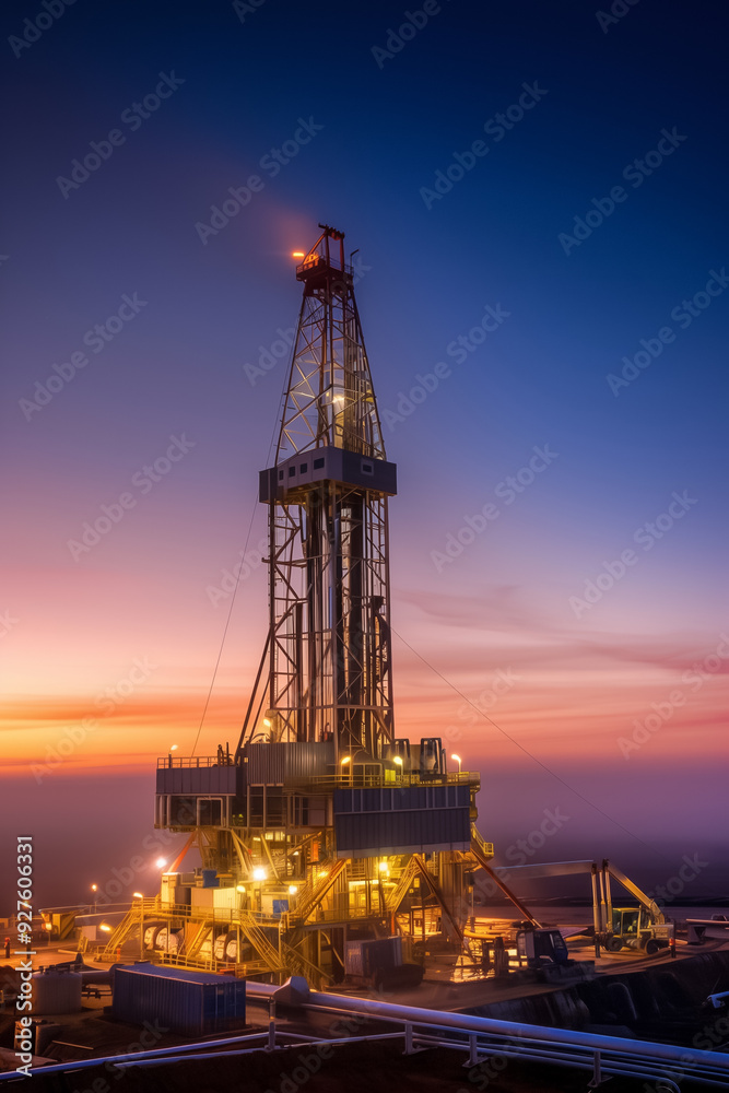 onshore drilling site at dawn, with drilling equipment outlined against the early morning light onshore drilling site at dawn, with drilling equipment outlined against the early morning light