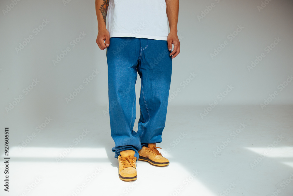 Mens Fashion in Blue Regular Jeans Design Modern Denim for People Concept.