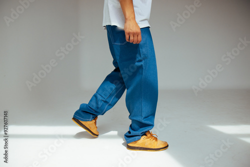 Obraz na płótnie Mens Fashion in Blue Regular Jeans Design Modern Denim for People Concept. w salonie