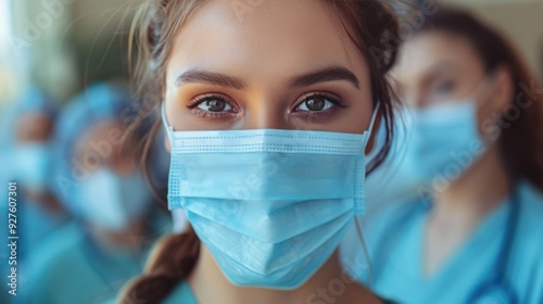 Female Nurse in Protective Mask with Healthcare Workers in Background