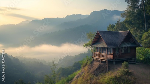 AI generator image of Country Resort style wooden house on a mountaintop with beautiful panoramic views.