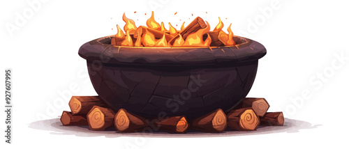 Cauldron with firewood underneath on a white background. Vector flat isolated.
