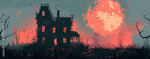 Haunted house silhouette with broken windows. Vector flat isolated.