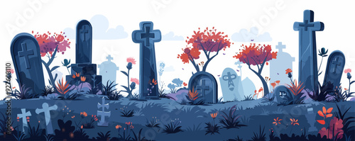 Graveyard with multiple tombstones. Vector flat isolated.