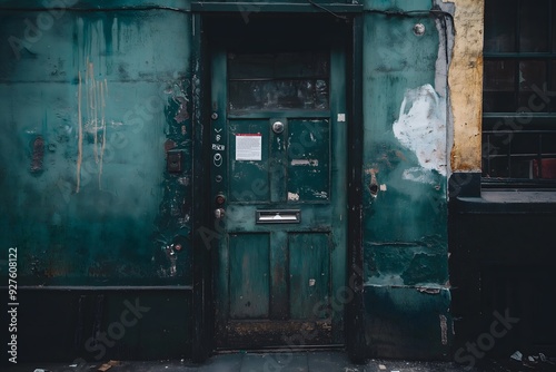 Faded Grandeur: A weathered teal door, bearing the marks of time, stands as a testament to the resilience of history in an urban landscape. 