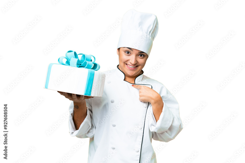 Woman pastry chef with a big cake with surprise facial expression Woman pastry chef with a big cake with surprise facial expression