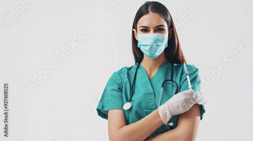 A full-body shot of a nurse giving a vaccine, isolated on a white background,