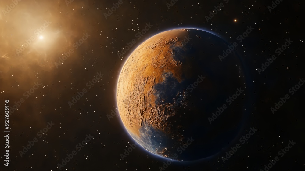 Obraz premium A red planet with a sun in the distance and a starry sky.