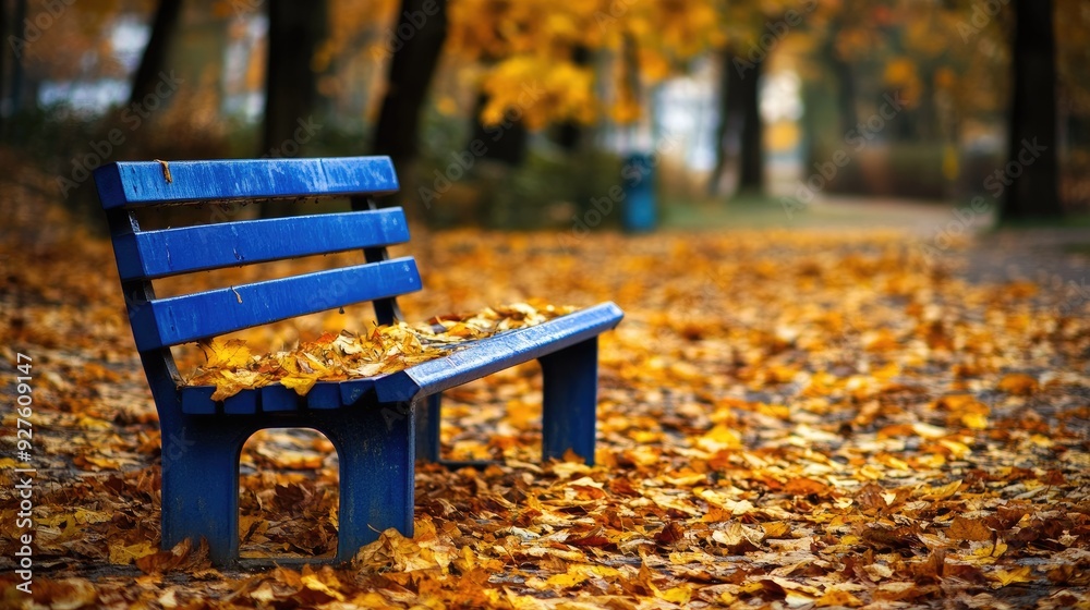 A blue bench in a park covered with autumn leaves, capturing the tranquil atmosphere of a crisp fall day. A blue bench in a park covered with autumn leaves, capturing the tranquil atmosphere of a crisp fall day.