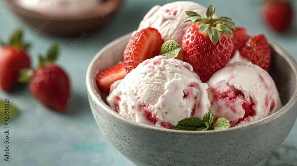 A bowl of homemade ice cream with juicy strawberries on top, highlighting the vibrant colors and delicious textures of the dessert. A bowl of homemade ice cream with juicy strawberries on top, highlighting the vibrant colors and delicious textures of the dessert.