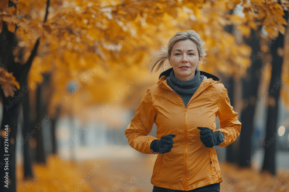 Woman running in autumn fall forest. Female runner training outdoor in profile. Woman running in autumn fall forest. Female runner training outdoor in profile.