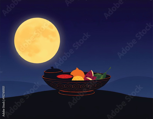 a traditional thali plate of food offerings for sharad purnima with a full moon in the background