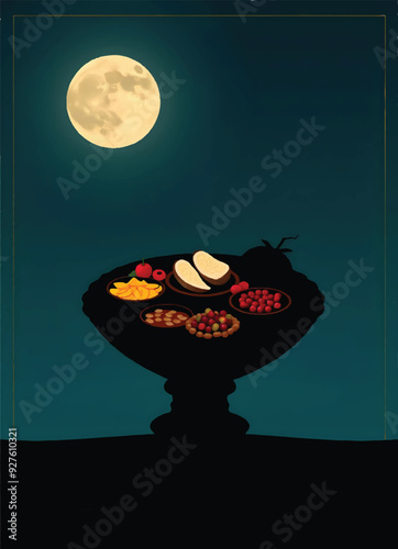 a painting of a traditional thali plate of food offerings with a full moon in the background