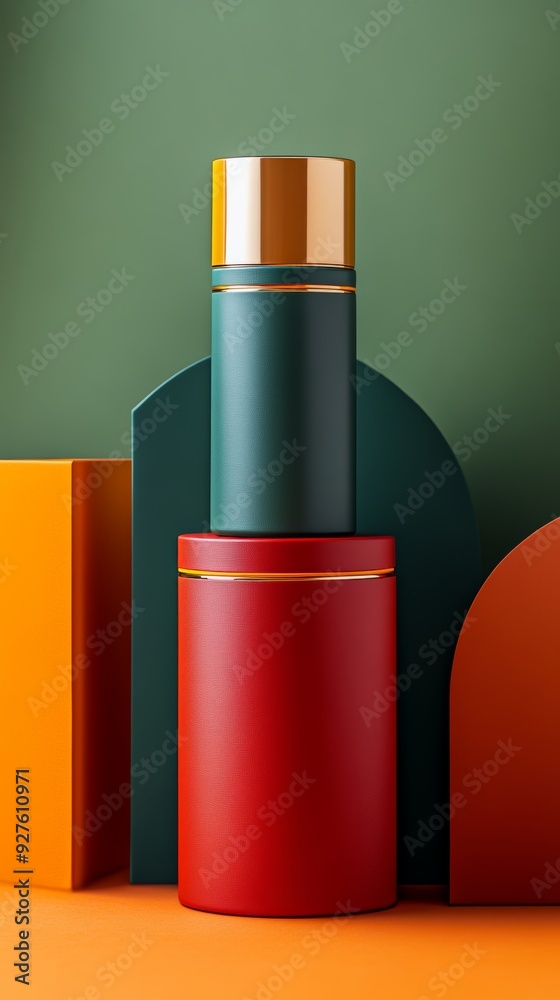 A display of three different colored containers, each with a gold rim A display of three different colored containers, each with a gold rim