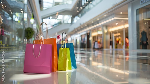 Colorful shopping bags on a glossy floor in a modern shopping mall.