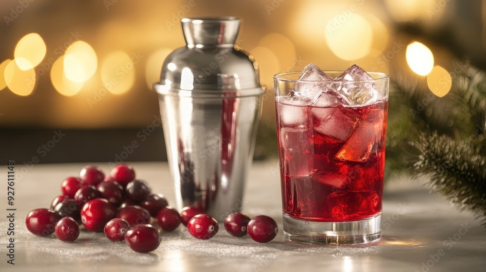 A chilled glass of cranberry juice with ice cubes sits beside a polished silver shaker, creating a vibrant and crisp scene. A chilled glass of cranberry juice with ice cubes sits beside a polished silver shaker, creating a vibrant and crisp scene.