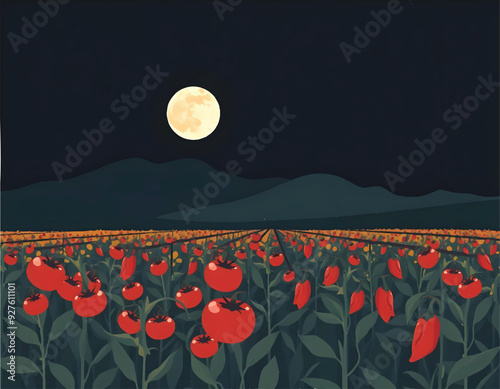 a vector illustration of a field of ripe tomatoes and the full moon shining on the dark sky