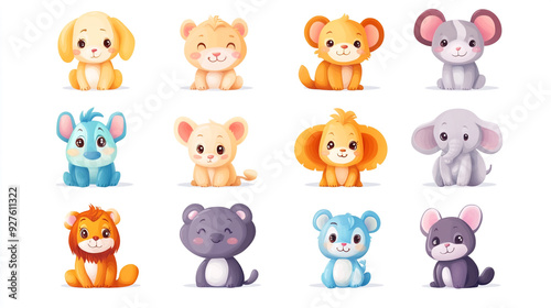 Cute cartoon animal characters in playful arrangements showcasing lions, elephants, mice, and bears in bright colors