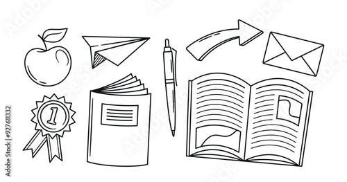 Set Of School Items Including Apple, Paper Airplane, Medal, Book, Pen, Arrow And Envelope Outlined In A Simple Design