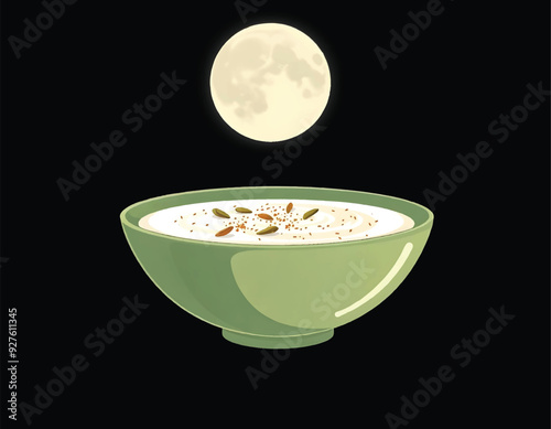 a bowl of traditional rice kheer with a full moon in the black background