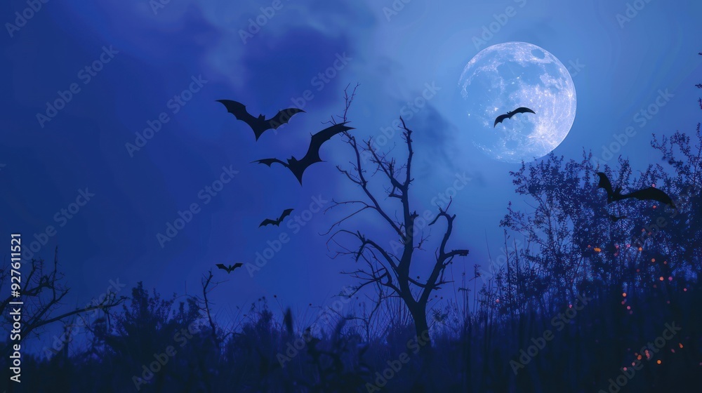 A twilight blue sky with silhouettes of bats and a glowing moon. A twilight blue sky with silhouettes of bats and a glowing moon.