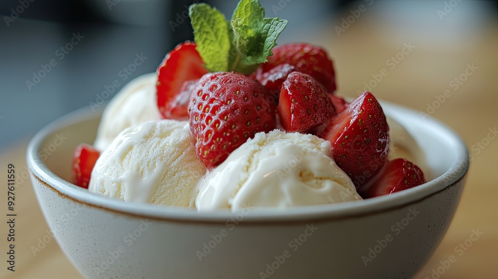 A close-up of a bowl of vanilla ice cream topped with fresh strawberries and a sprig of mint, capturing the refreshing and indulgent treat. A close-up of a bowl of vanilla ice cream topped with fresh strawberries and a sprig of mint, capturing the refreshing and indulgent treat.