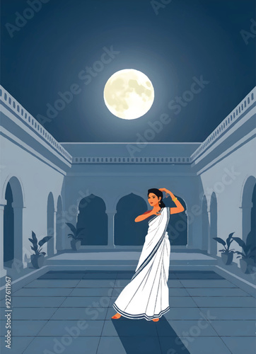 a woman in a white sari stands in an indian traditional courtyard with a full moon in the background